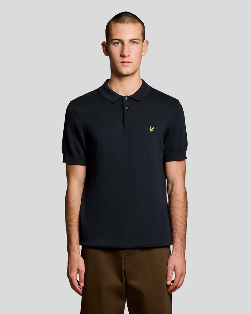 Lyle & Scott Herr stickad pikétröja i bomull | Mörkblå