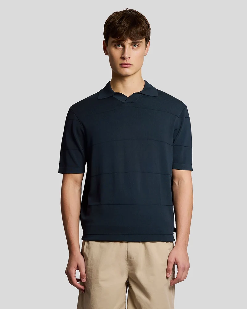 Lyle & Scott Herr Finstickad Pikétröja med Öppen Krage | Kolfiber