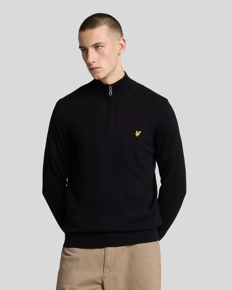 Lyle & Scott Herrtröja i bomull i merinoull med 1/4-dragkedja | Kolsvart
