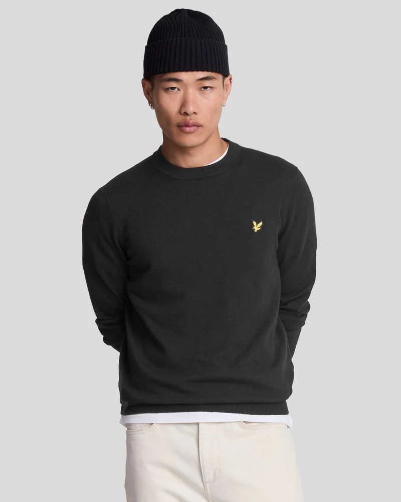 Lyle & Scott Herrtröja i bomullsmerinoull med rund hals | Kolsvart