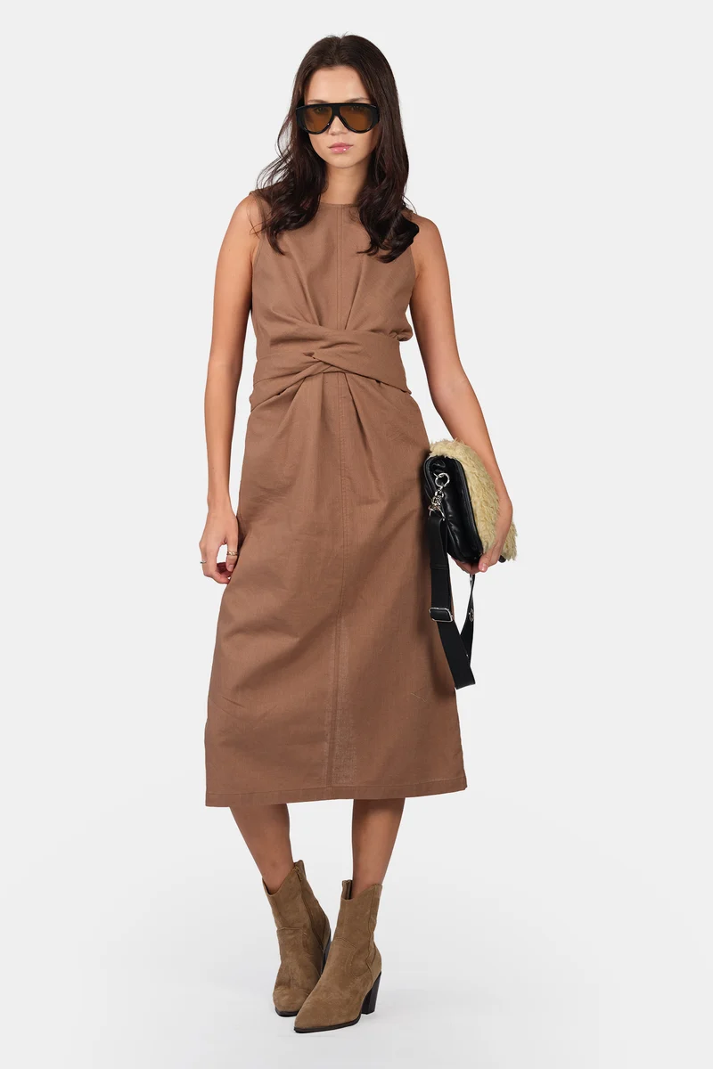 Ekina|Linen Tie-Front Midi Dress