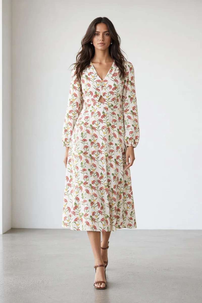Liri|100% Viscose Bishop Sleeve Print Dress