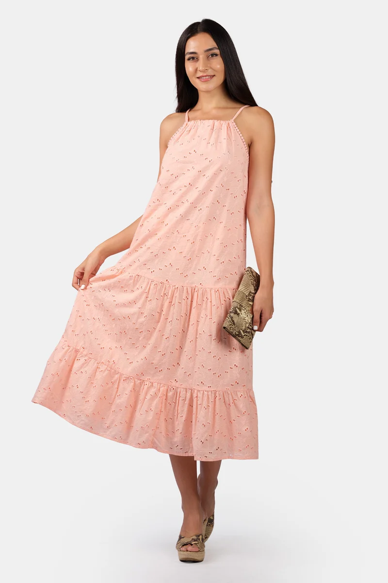 Sataara|100% Cotton Schiffli Halter Maxi Dress