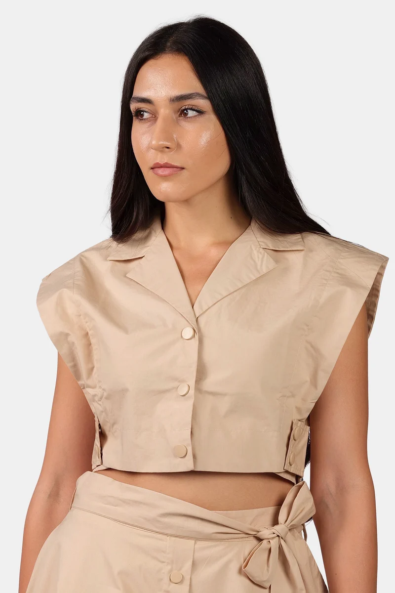 Bennie|100% Cotton Popper Detail Cropped Vest