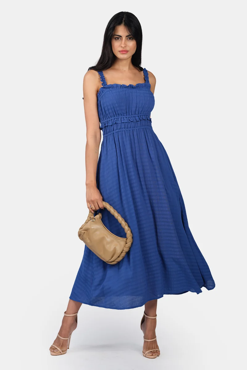Oria|100% Viscose Ruched Ruffle Midi Dress