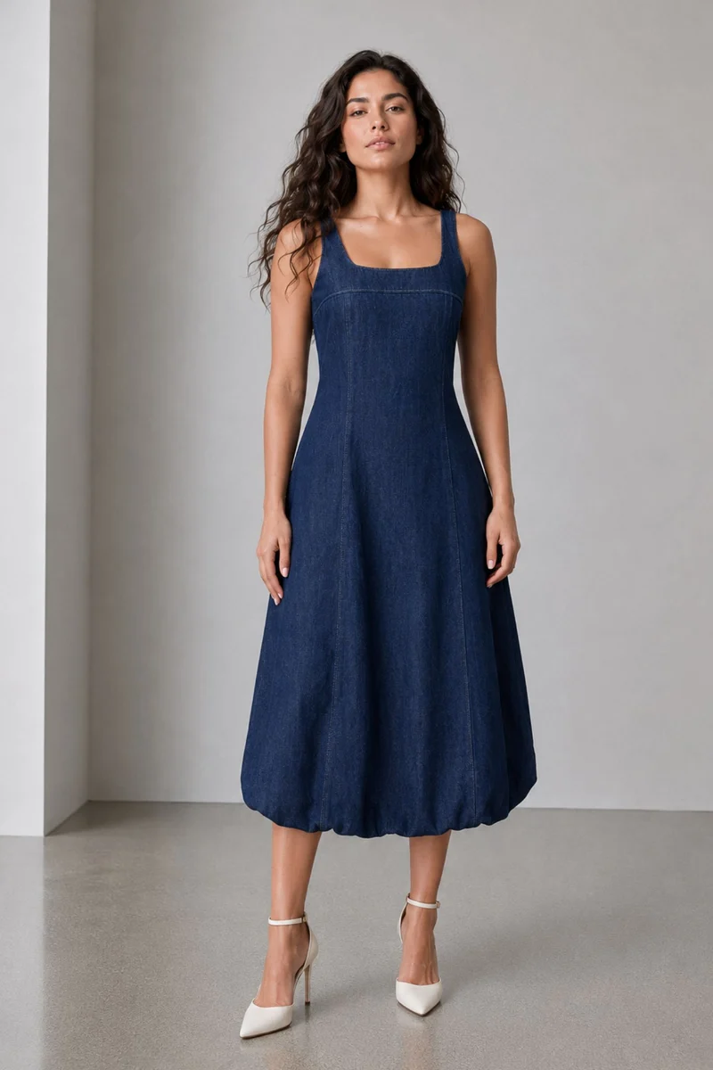 Tovani|100% Cotton Denim Midi Dress With Bubble Hem