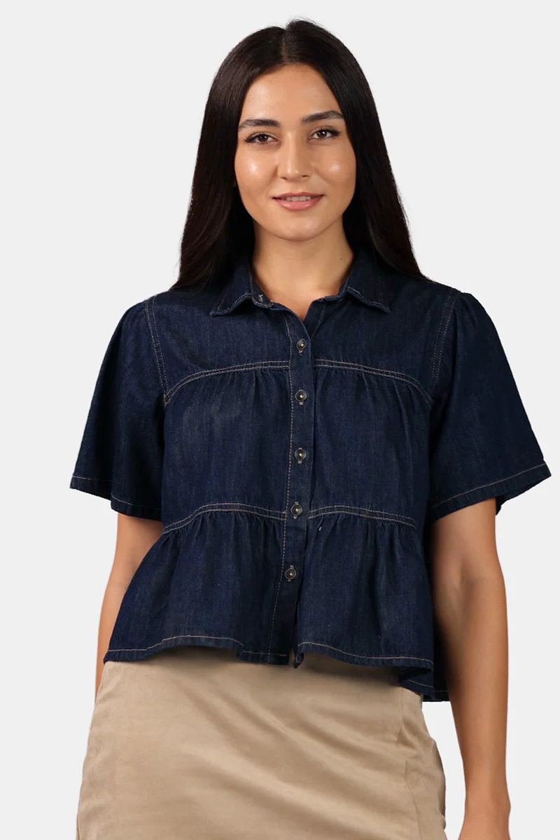 Gema|100% Cotton Tiered Cropped Denim Shirt