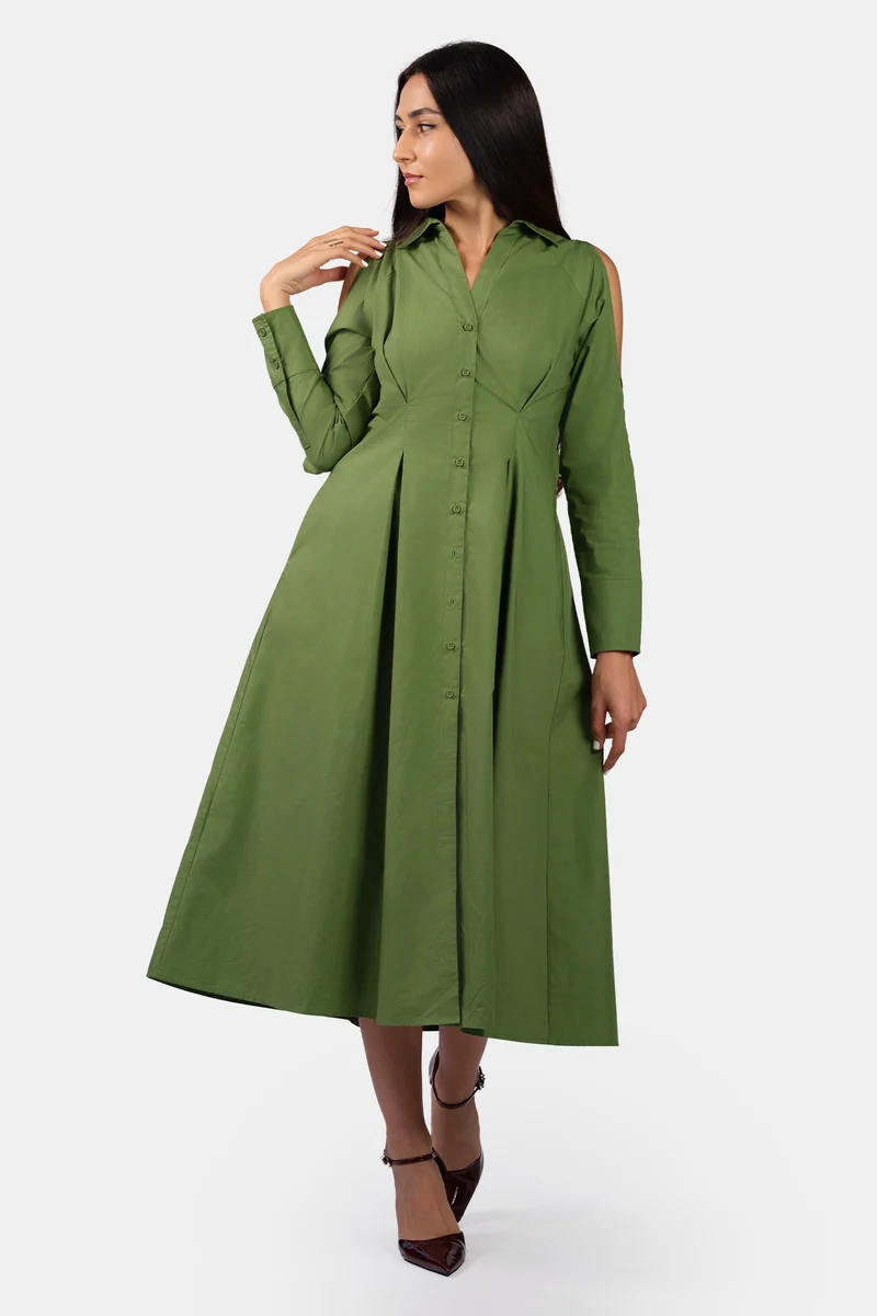 Aarvi|100% Cotton Cold Shoulder Midi Shirt Dress