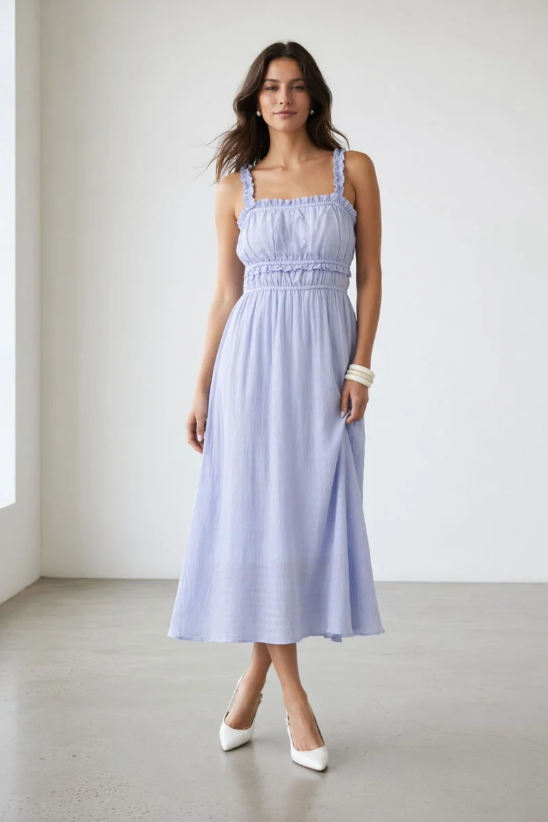 Arai|100% Viscose Ruched Ruffle Midi Dress