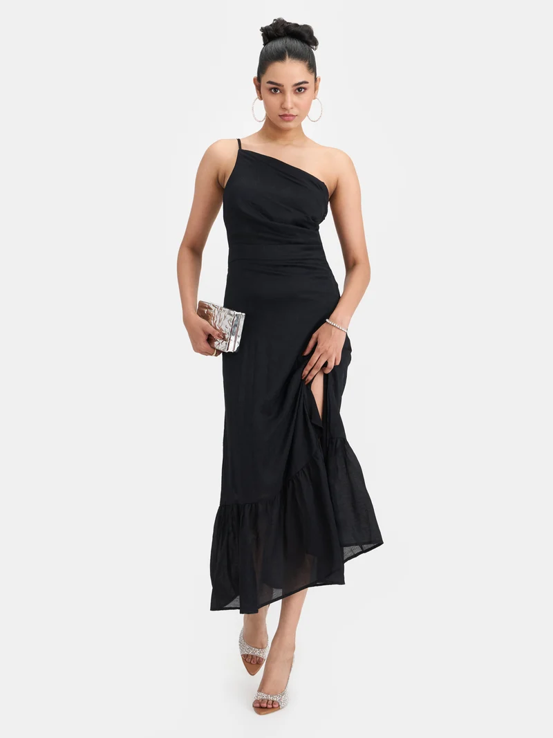 Sol|100% Viscose Jacquard One Shoulder Maxi Dress