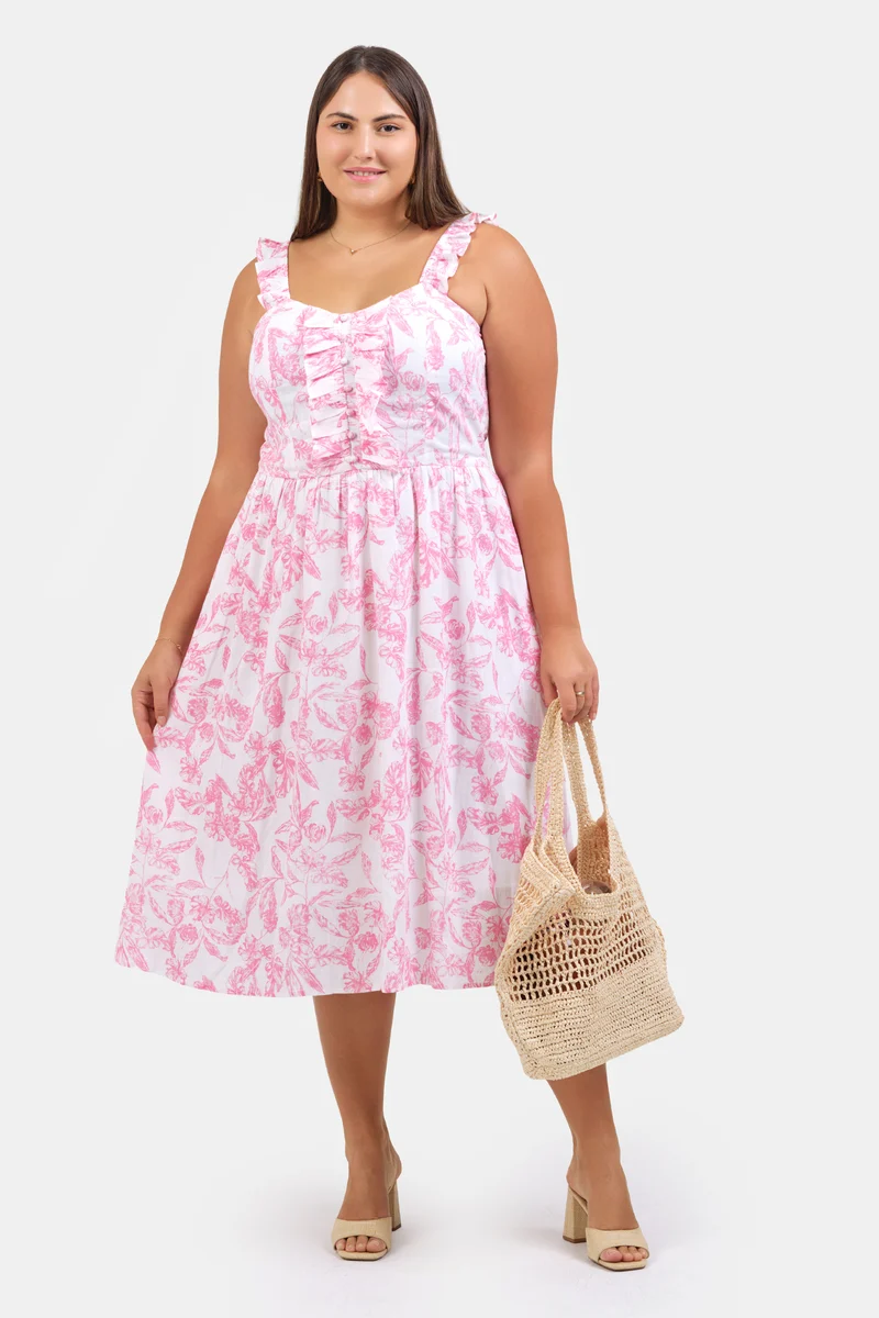 Sevgi|Linen Floral Ruffle Midi Dress