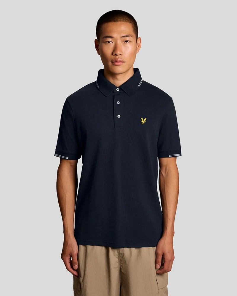 Lyle & Scott Herr pikétröja med fin bomullsspets | Mörkblå