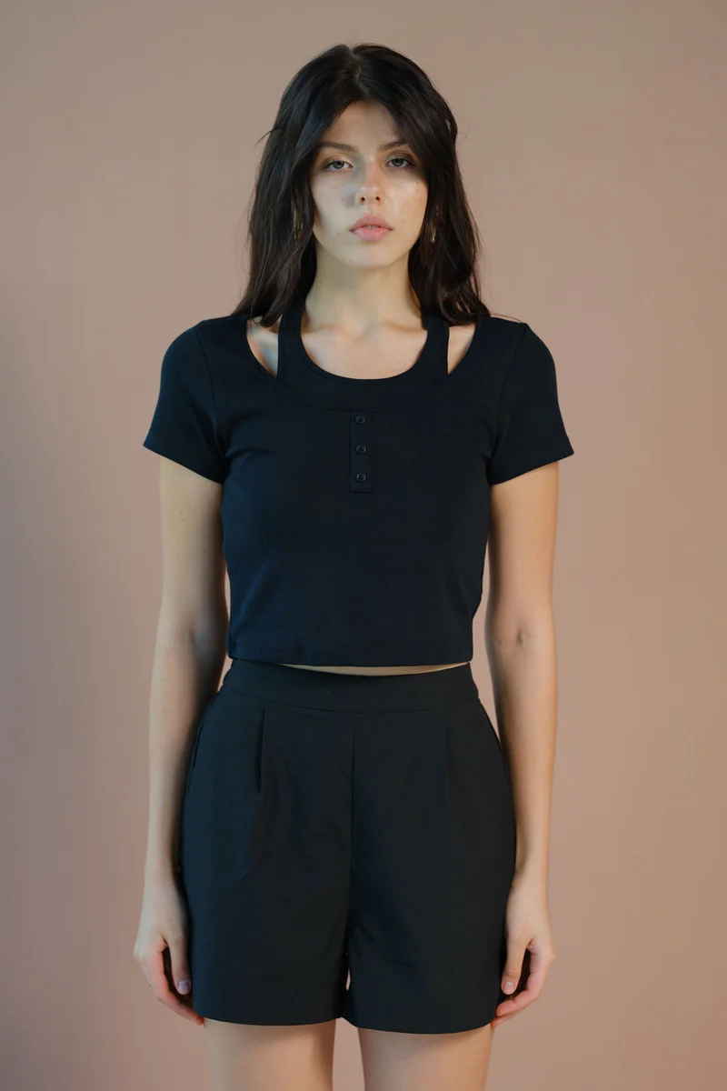 Benny|Cotton Stretch Black Halter Neck T-Shirt