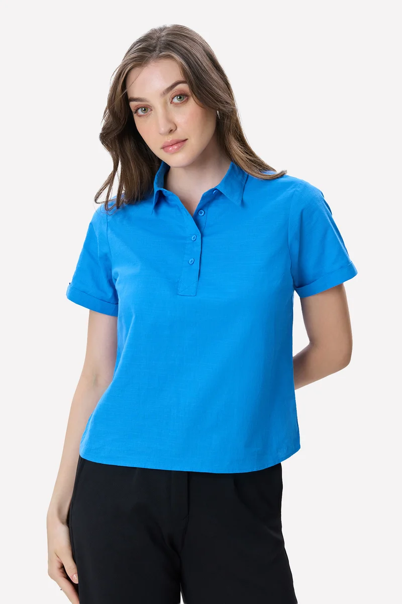 Moyra|100% Cotton Rolled-Up Sleeve Shirt