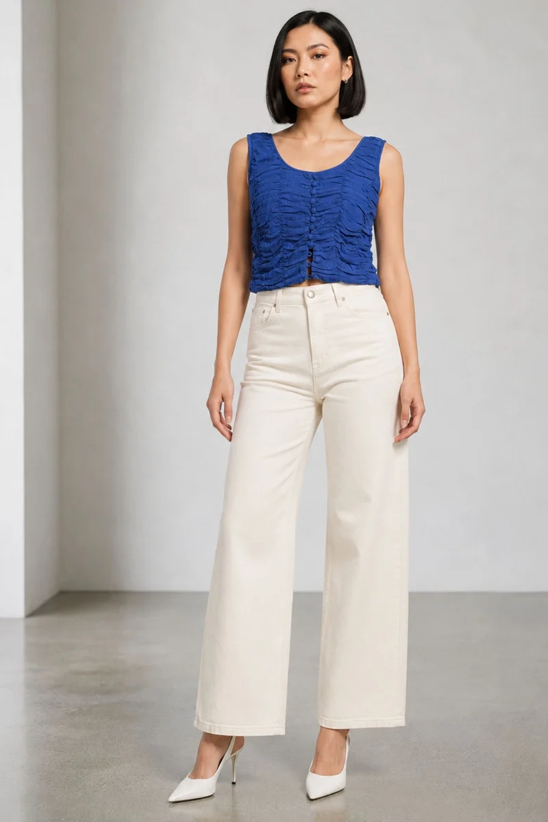 Vero|100% Viscose Ruched Scoop Neck Crop Top
