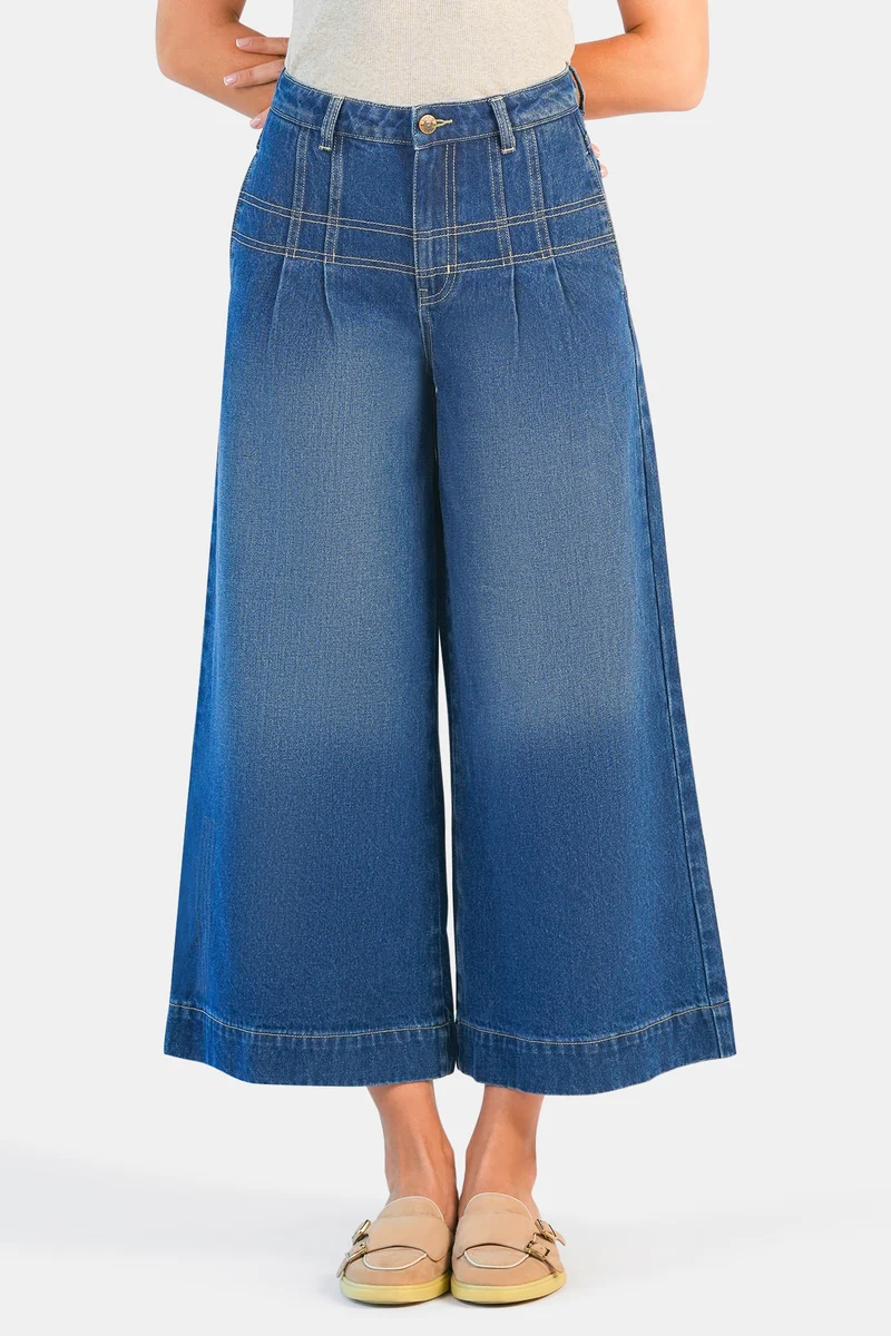 Kari|100% Cotton Denim Pants With Seam Detail