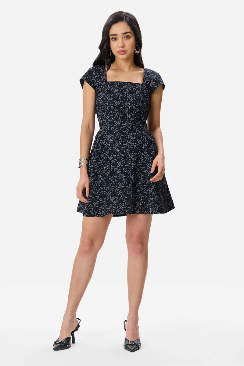 Noss|Linen Fit & Flare Gathered Mini Dress