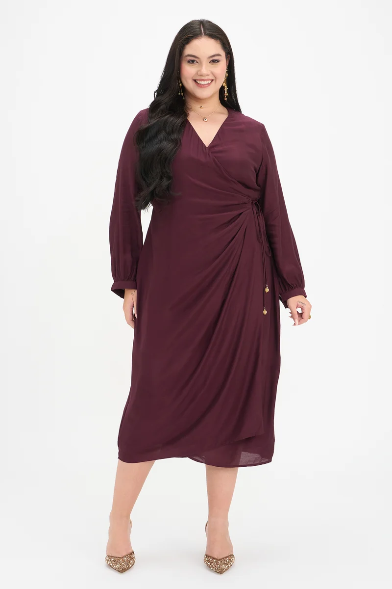 Radha|100% Viscose Wrap Midi Dress With Tie-Up