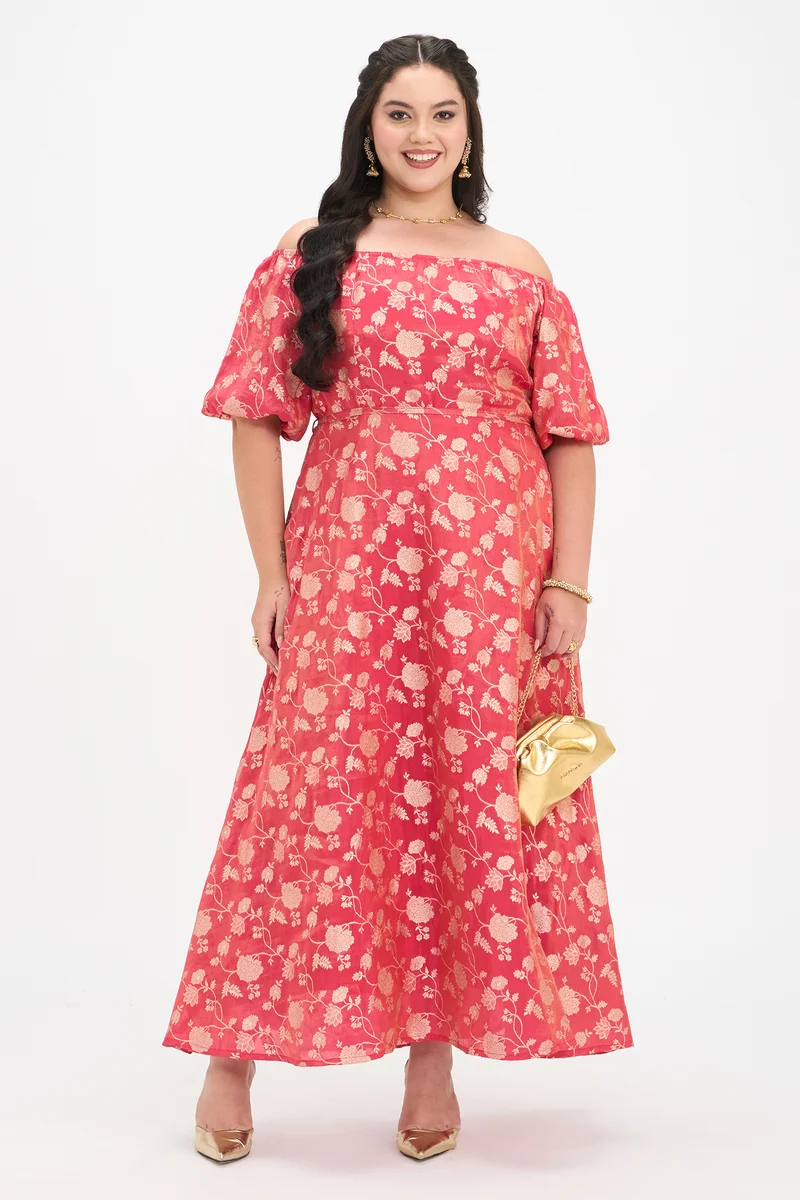 Pahi|Viscose Brocade Off-Shoulder Maxi Dress