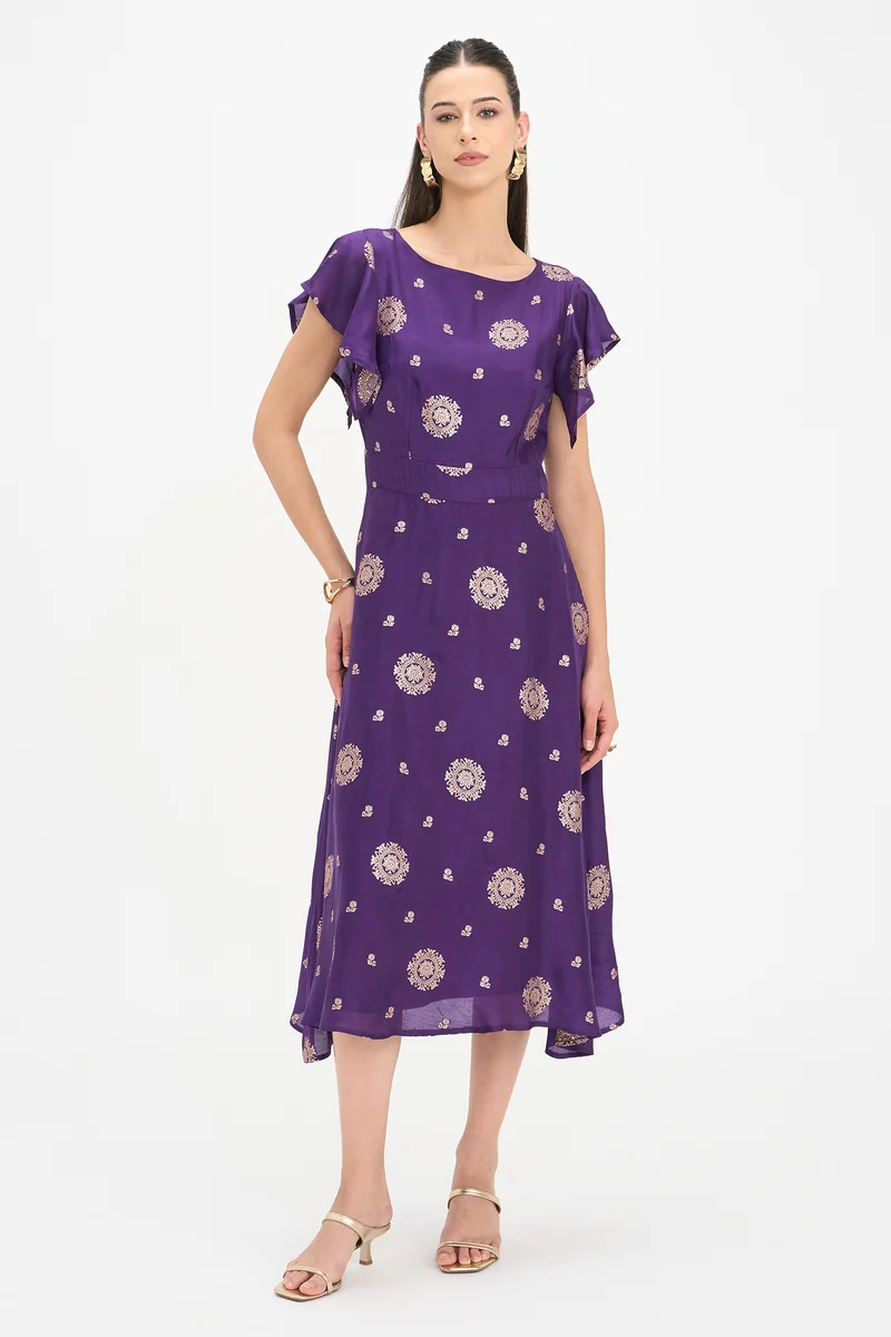 Odlha|100% Viscose Ruffled Sleeve Midi Dress