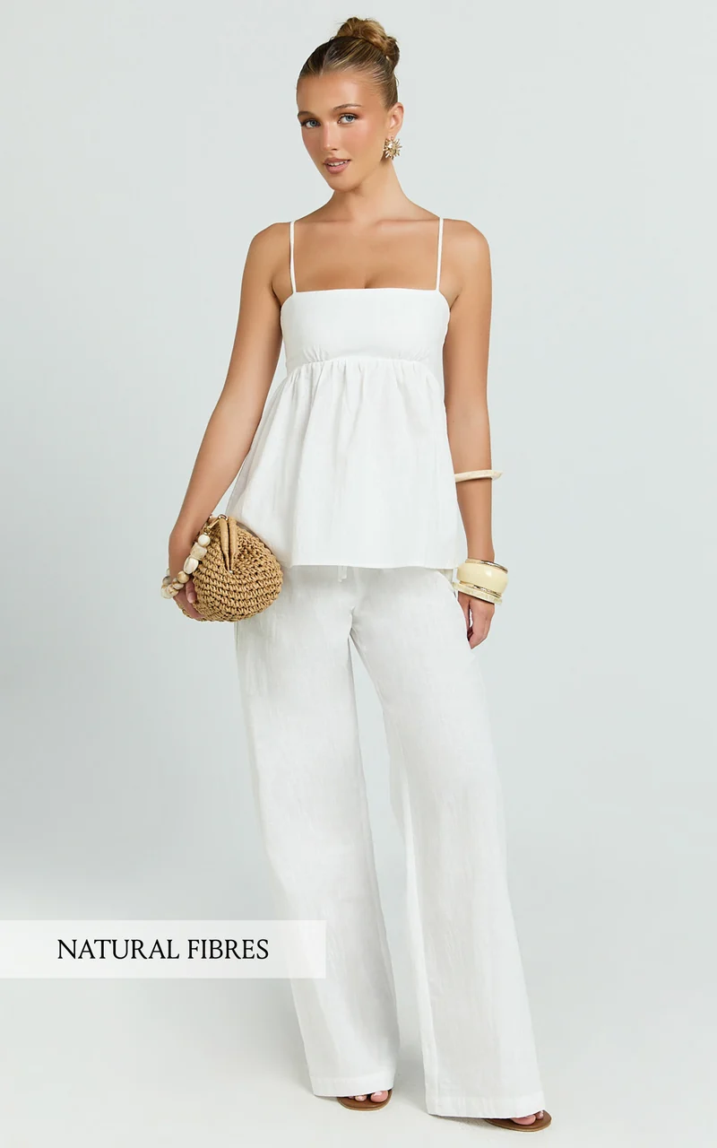 Valerie Two Piece Top and Pants Set - Baby Doll Top And Relaxed Pants Set in Off White