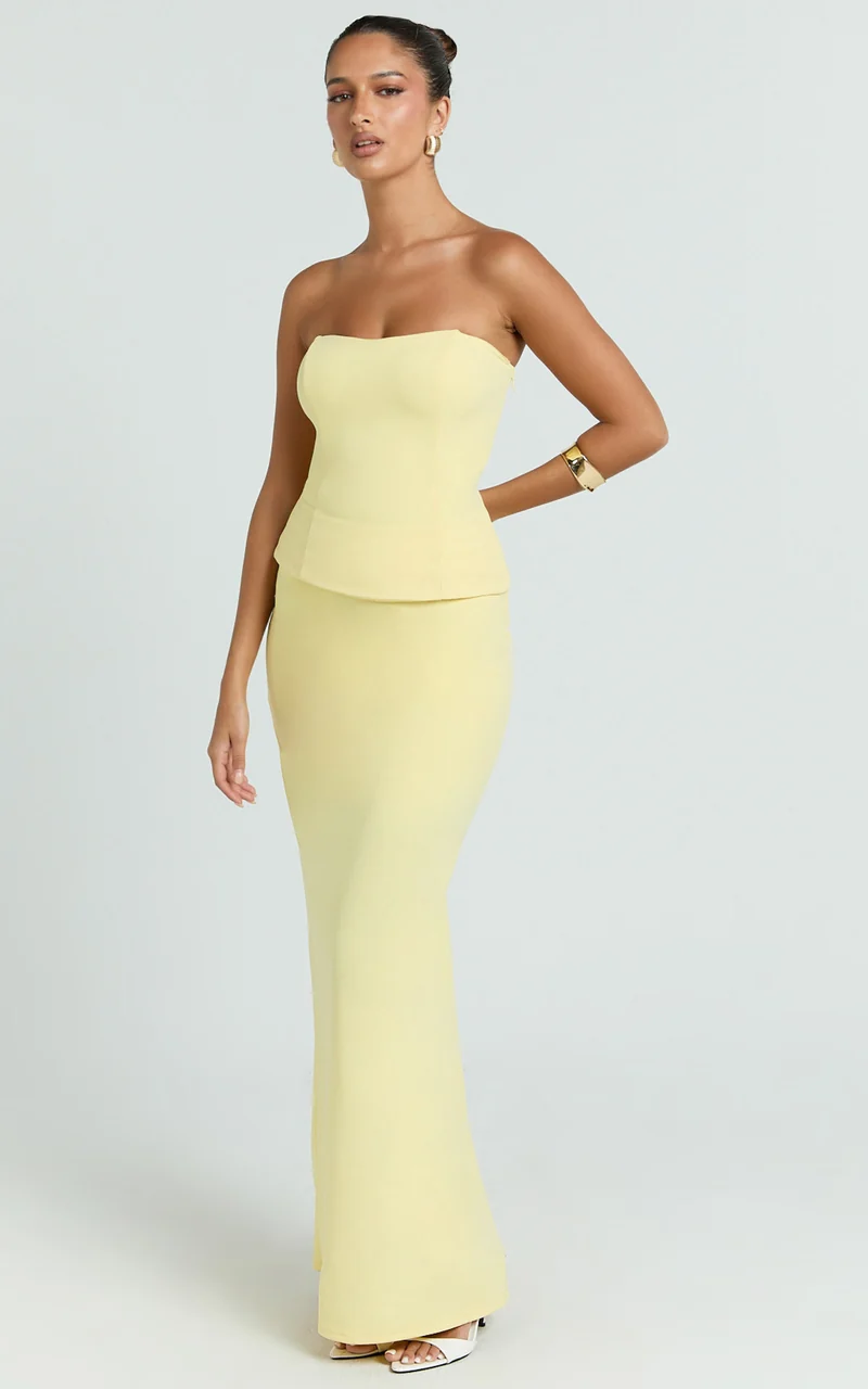 Anya Two Piece Top and Skirt Set - Strapless Fit And Flare Top And Maxi Skirt in Lemon