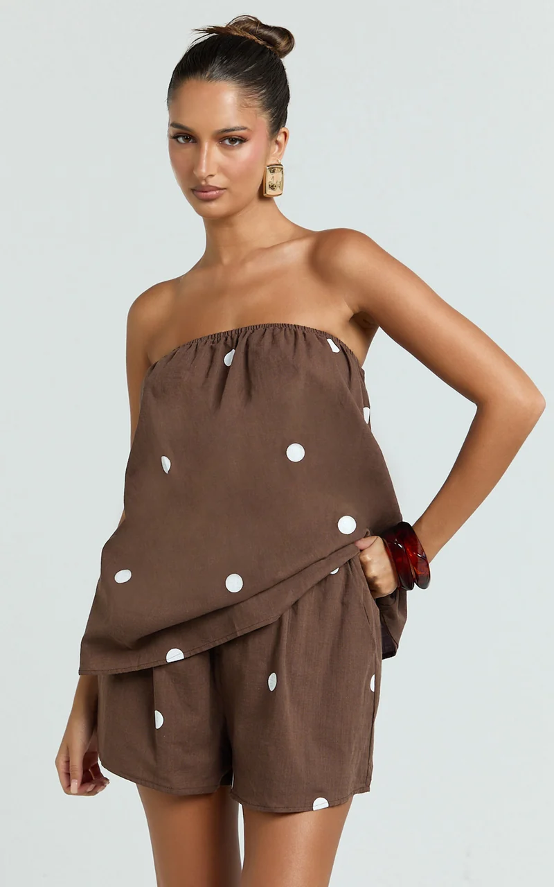 Amy Two Piece Set - Strapless Top and Short Set in Chocolate Polka Dot