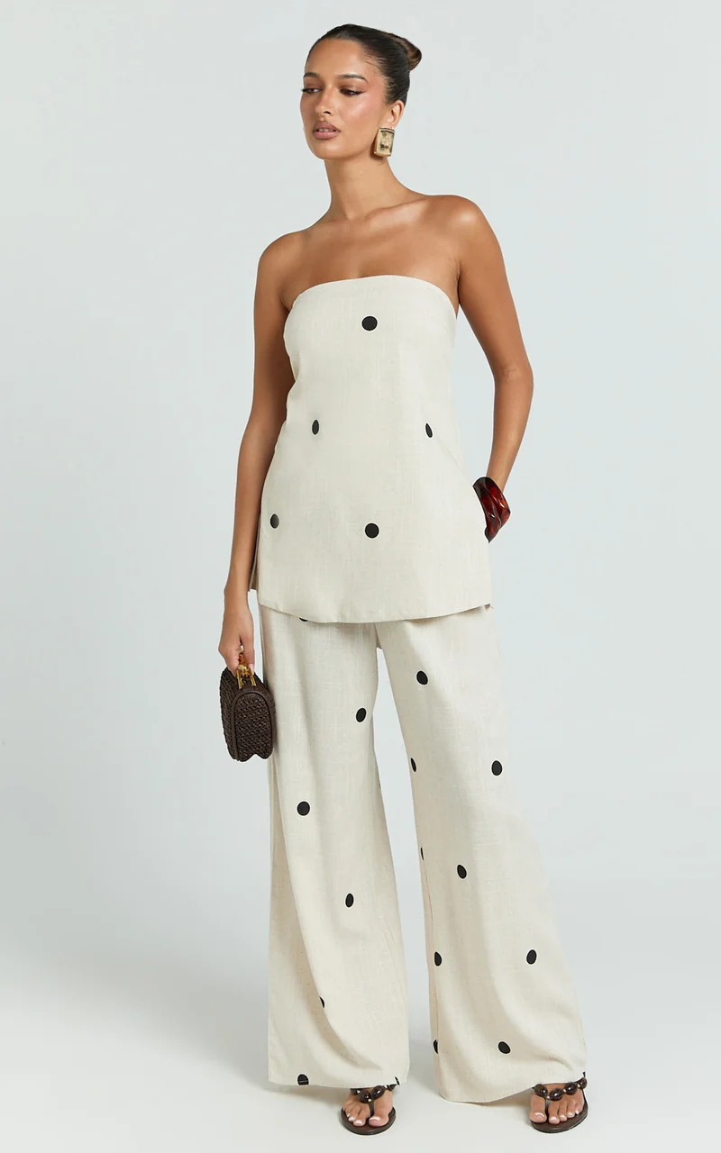 Skye Two Piece Set - Strapless Longline Top and Pant Set in Natural Polka Dot