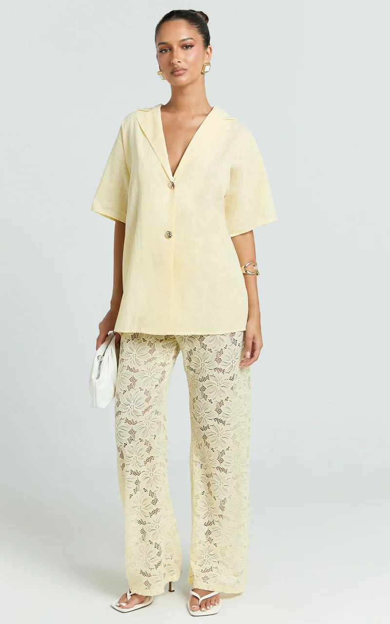 Jemma Two Piece Set - Relaxed Shirt and Lace Pants Set in Butter Yellow