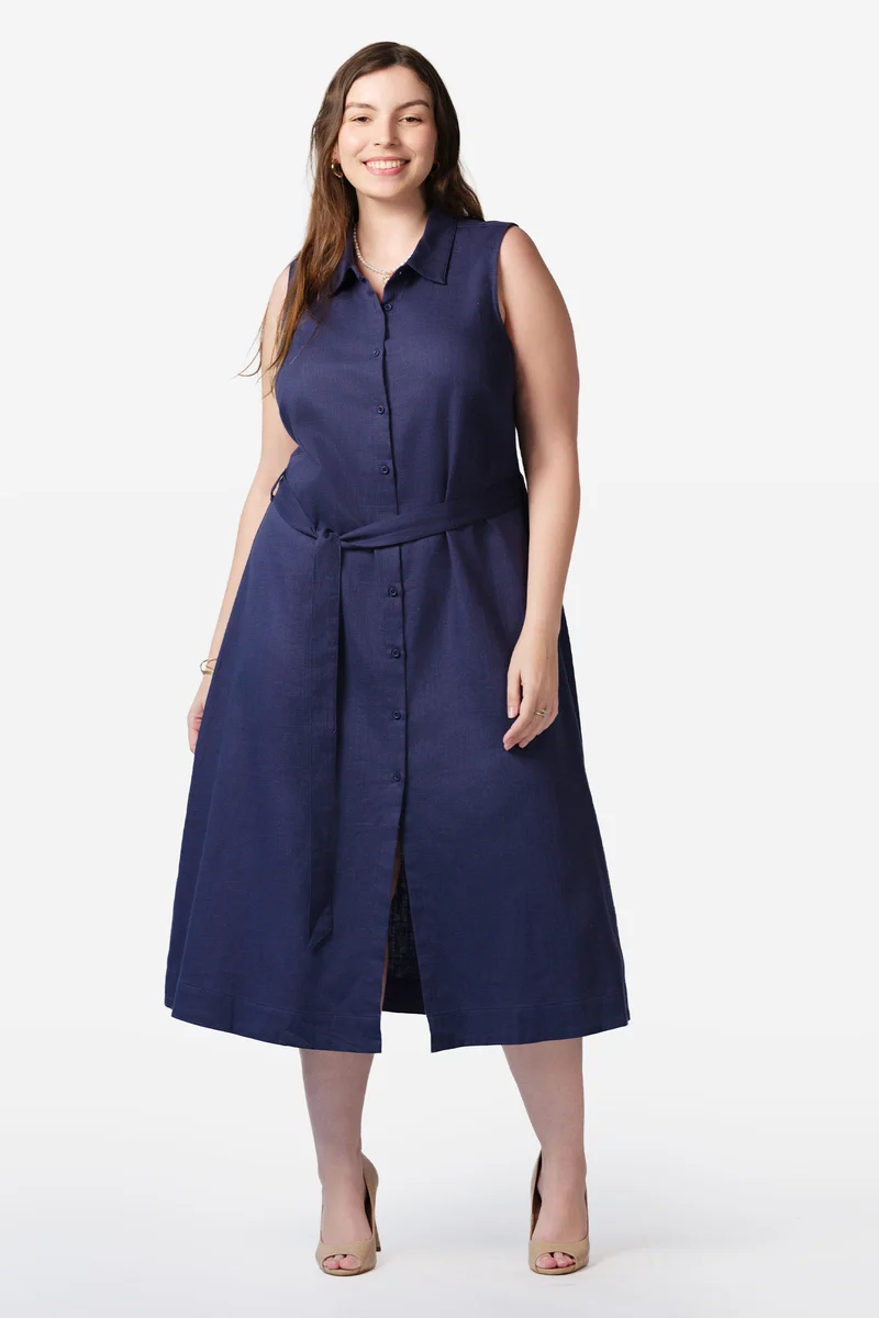 Rabia|100% Viscose Sleeveless Midi Shirt Dress