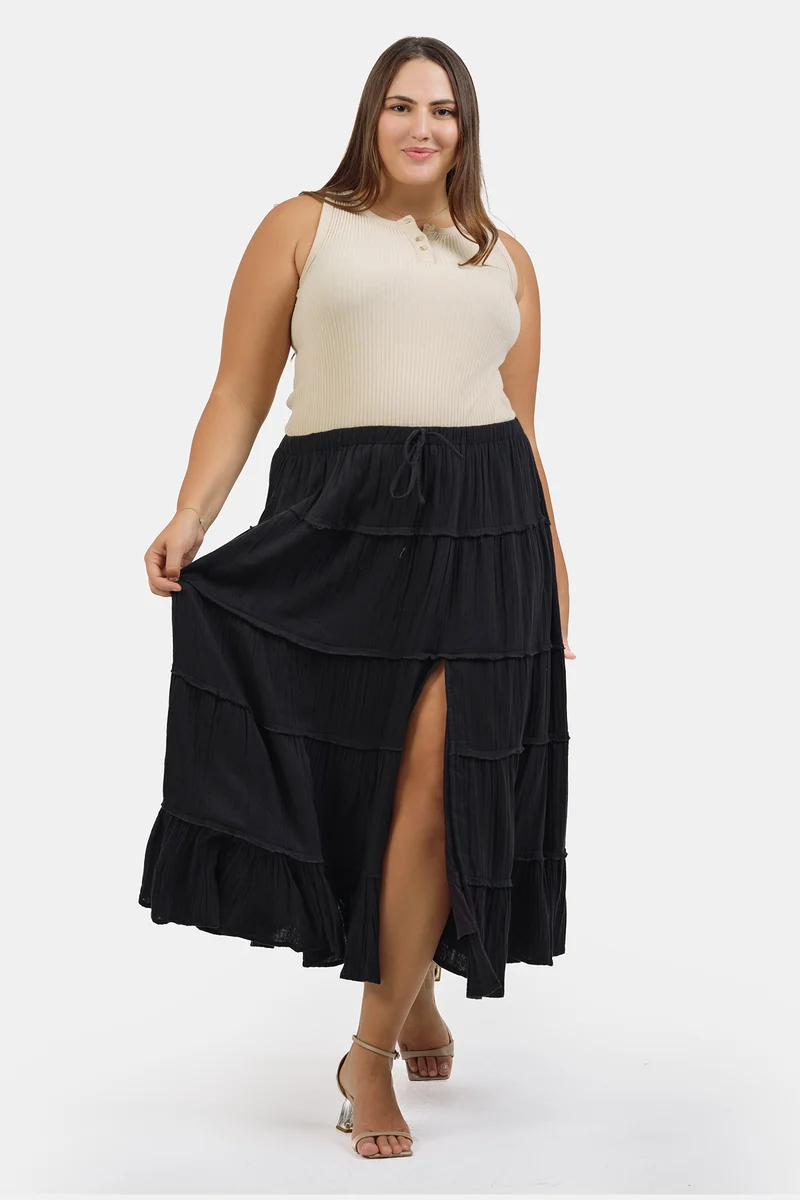 Nisan|100% Cotton Tiered Maxi Skirt