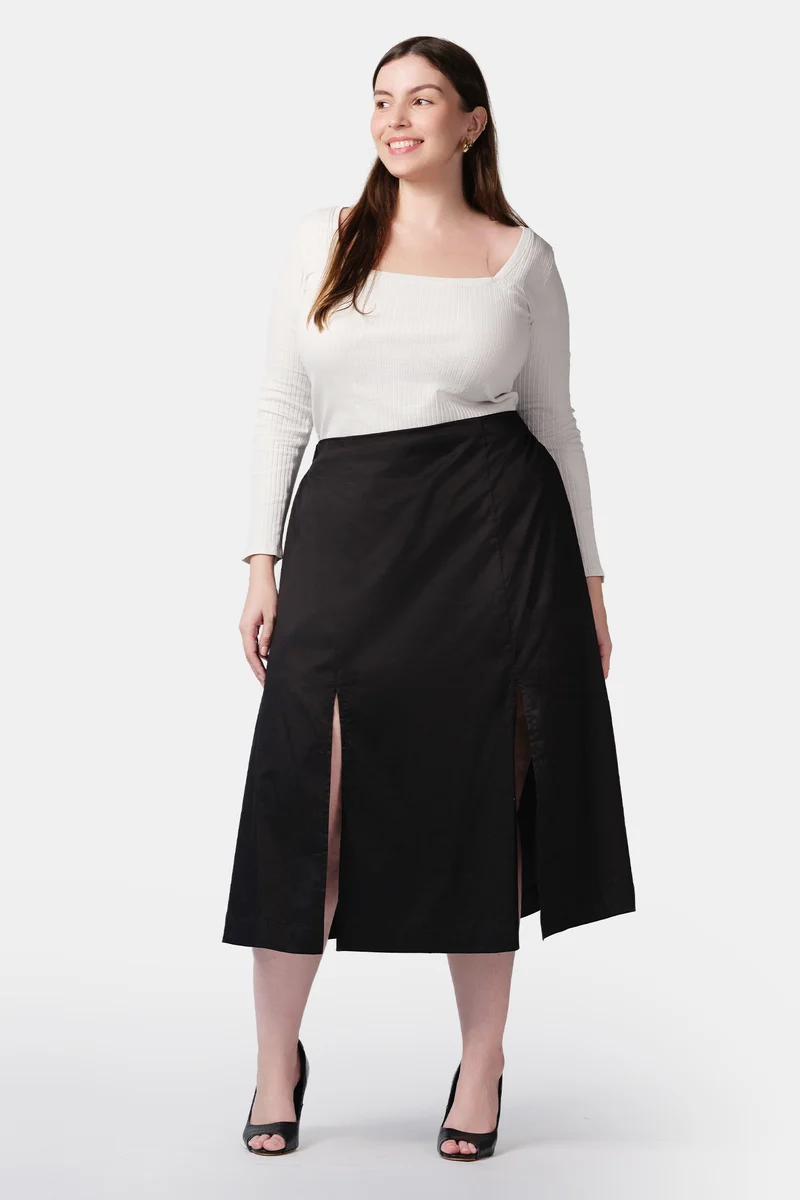 Gul|100% Cotton Satin Midi Skirt With Front Slits