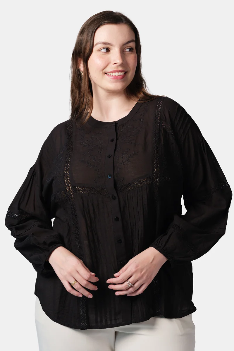 Pelin|Cotton Shirt With Lace And Embroidery