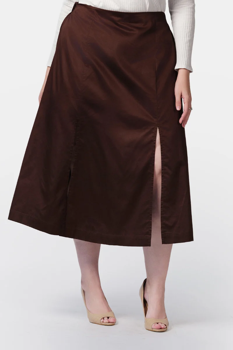 Betul|100% Cotton Satin Midi Skirt With Front Slits