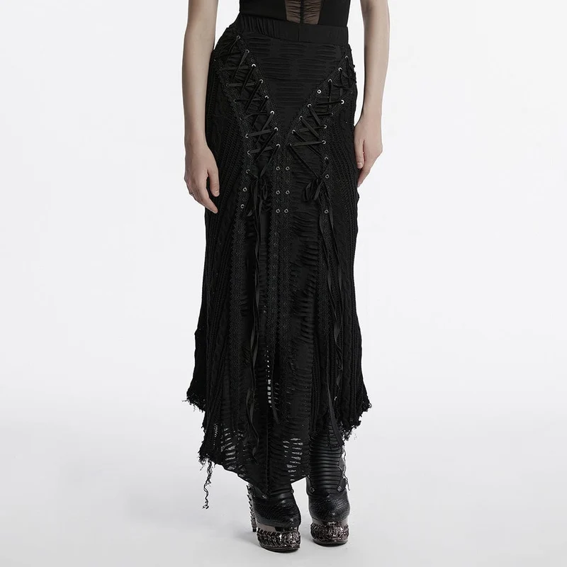 Gothic Ripped Lace-up Stickad Kjol för kvinnor Svart