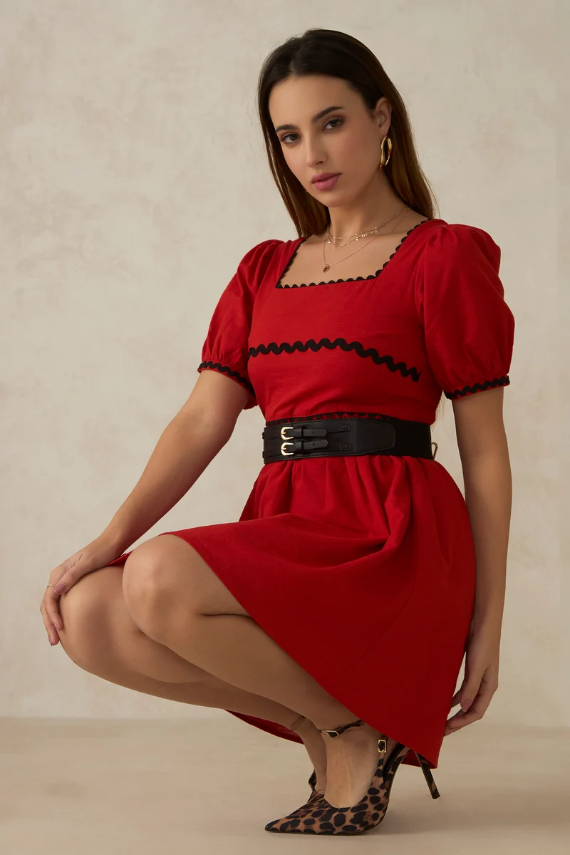 Delilah|100% Cotton Ric Rac Laced Red Mini Dress