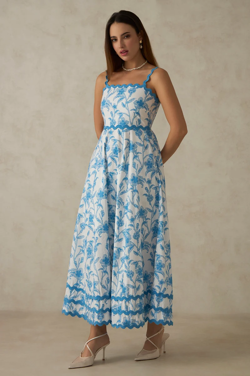 Opal|100% Cotton Printed Lace Strap Maxi Dress