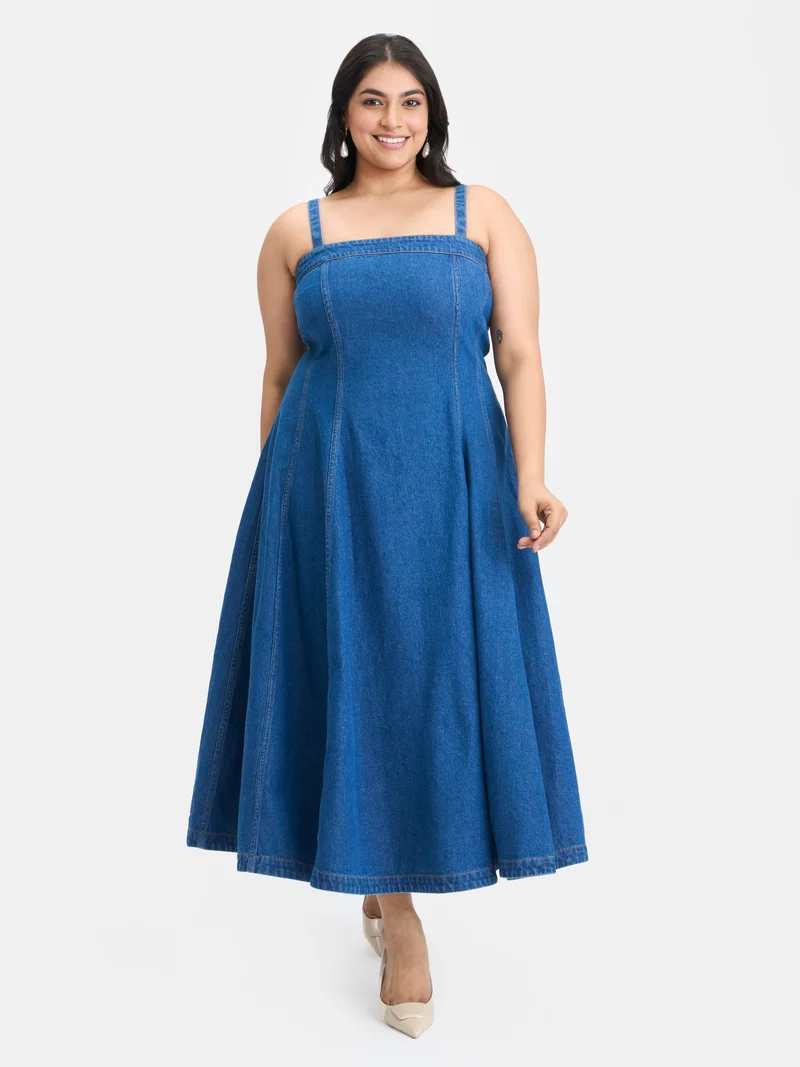 Sita|100% Cotton Denim Buttoned Flared Dress