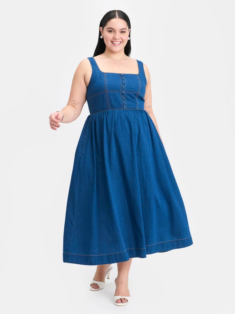 Rosalia|100% Cotton Denim Panelled Flared Dress