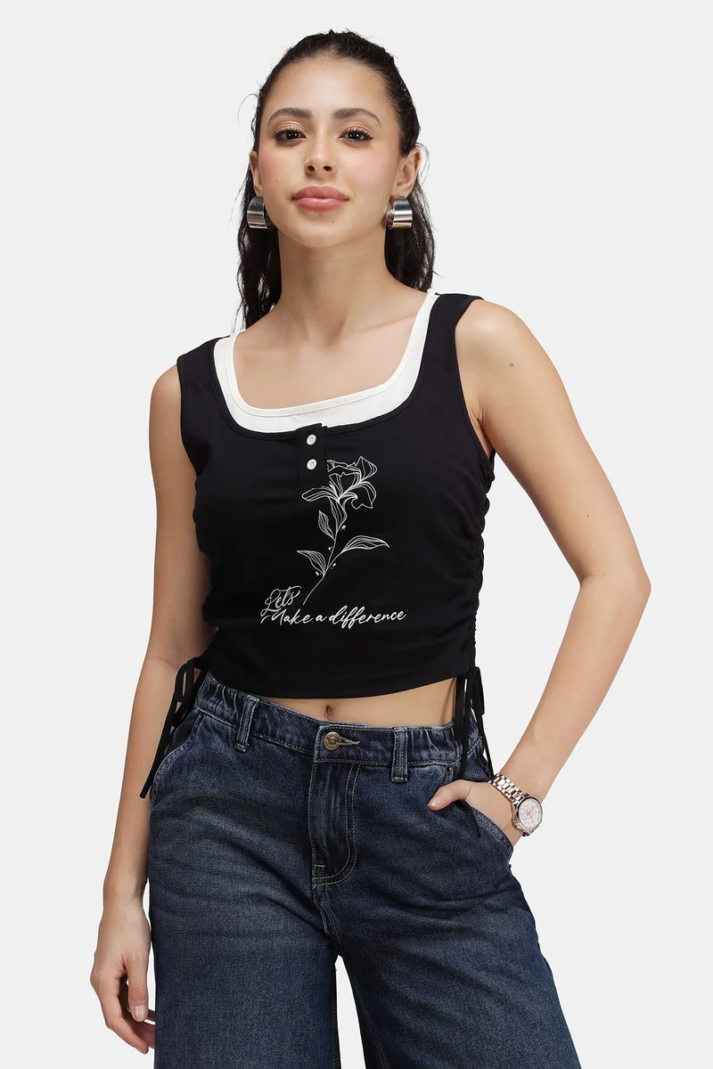 Minar|100% Cotton Graphic Top With Drawstrings