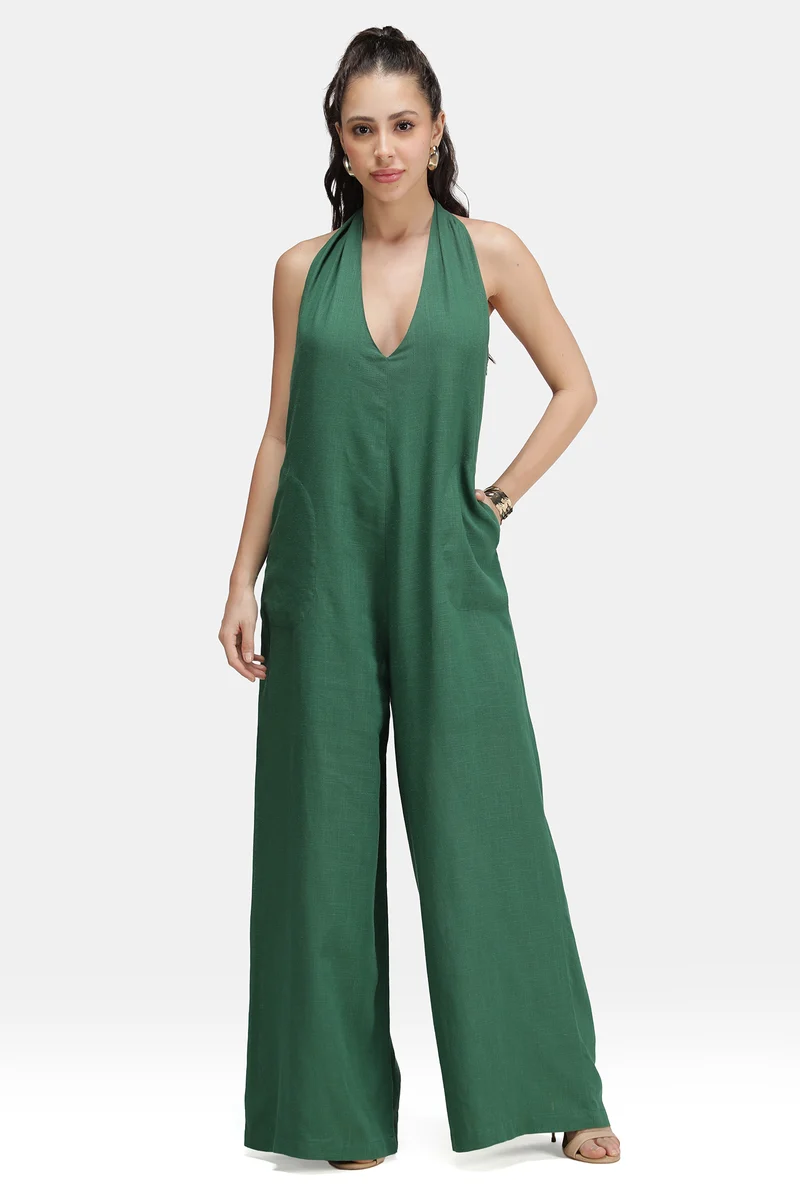 Minal|Linen Backless Halter Jumpsuit
