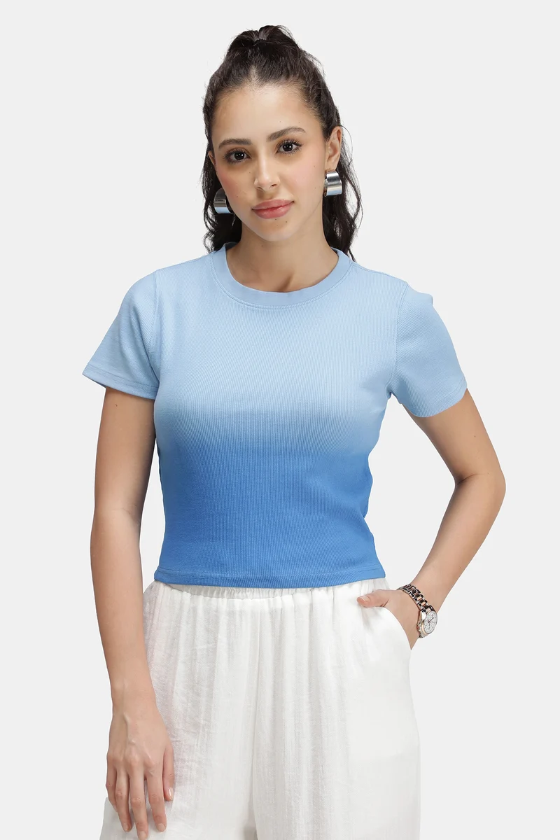 Ilya|Cotton Blue Ombre Dip Dye Rib Top