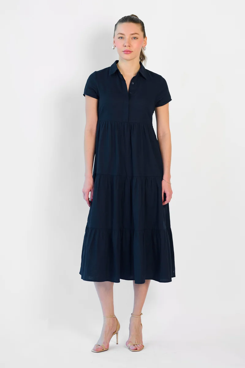 Eline|100% Cotton Shirt Dress Tiered Fit & Flare