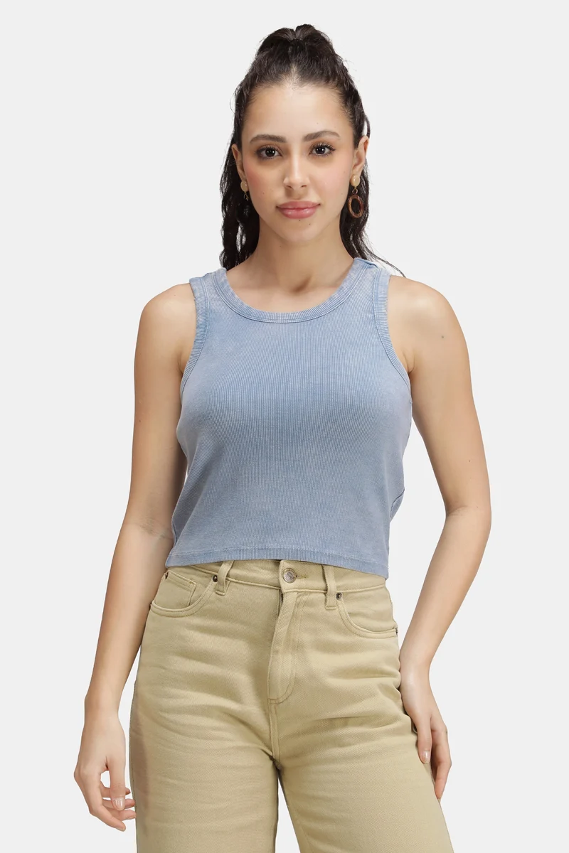 Kiwi|Cotton Blue Overdyed Ribbed Crop Tank