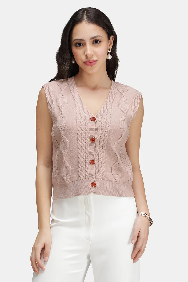 Ellis|Viscose Cable Knit Sleeveless Cardigan