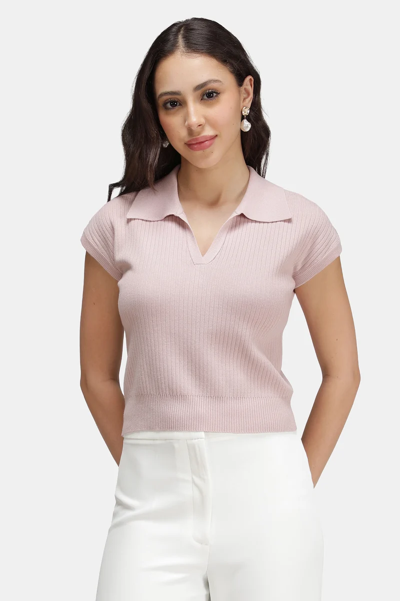 Mica|Viscose Ribbed Knit Crop Polo Vest