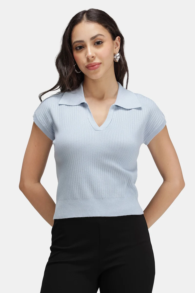 Damon|Viscose Ribbed Knit Crop Polo Vest