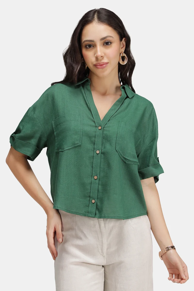 Maple|Linen Boxy Shirt With Curved Hem