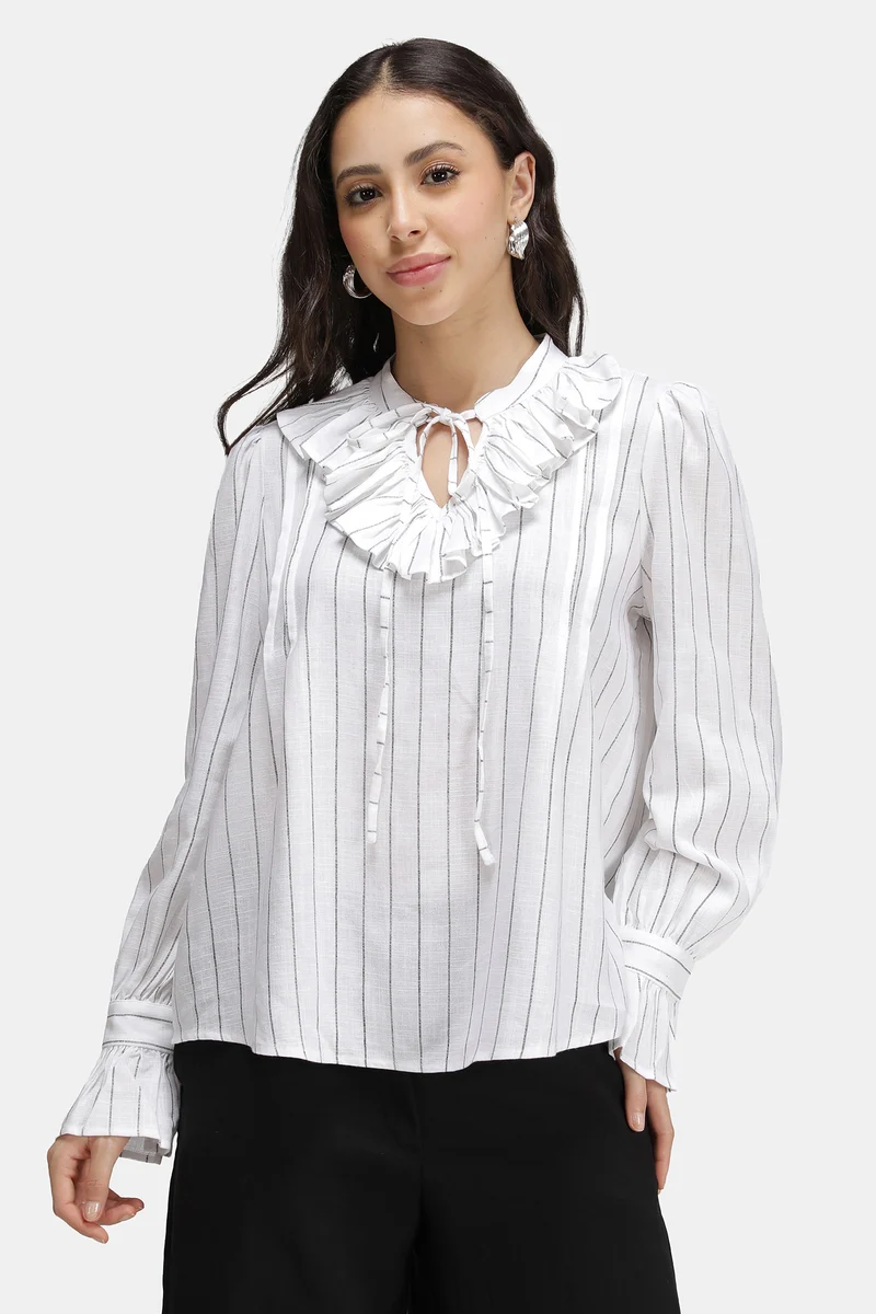 Liona|Linen Striped Ruffle Neck Top