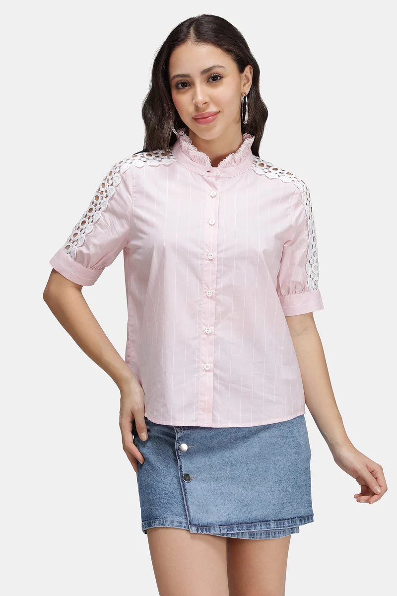 Namae|100% Cotton Stripe Lace Insert Mandarin Shirt